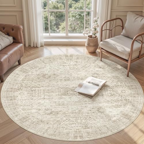 Soalmost 5x5 Beige Round Rug 6ft Circle Living Room Area Rugs Non-Slip - Image 2