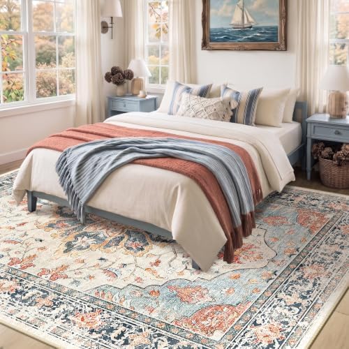RELEANY Washable Area Rug, 8'x10', Beige/Blue/Orange - Image 2