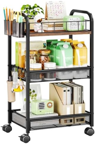 HapiRm 3 Tier Metal Rolling Cart- Utility Storage Cart with Locking Wheels by HapiRm