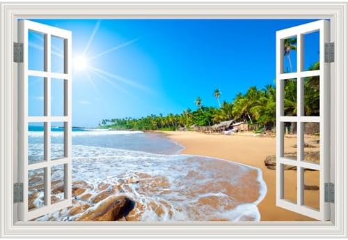 Fake Window Wall Decal- Summer Beach Seascape Coast Open Wall Art Sticker | Faux Window Tropical Ocean Natural Scenery Landscape Mural｜ Stick and Peel Wall Decals｜for Room Bedroom Office Decor｜24"x16" by Clickhere