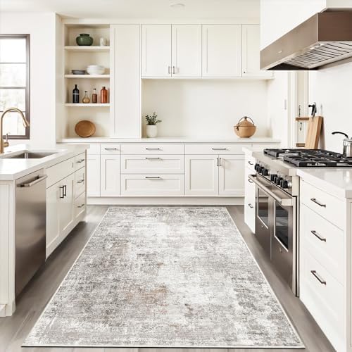 4x6 Washable Entryway Rug – Non-Slip Low-Pile Small Area Rug for Kitchen Bedroom Living Room Office – Modern Abstract Neutral Throw Carpet with Rubber Backing (Beige, Grey) - Image 3