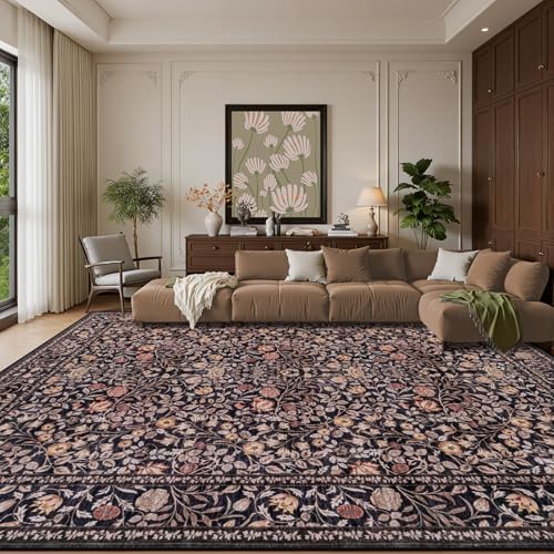 Area Rug 9x12 Living Room: Soft Floral Washable Boho Carpet Brown - Image 2