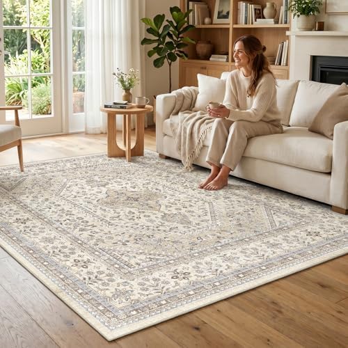 6x6 Square Washable Area Rug - Non-Slip Vintage Living Room Rugs Beige Gray by Puino