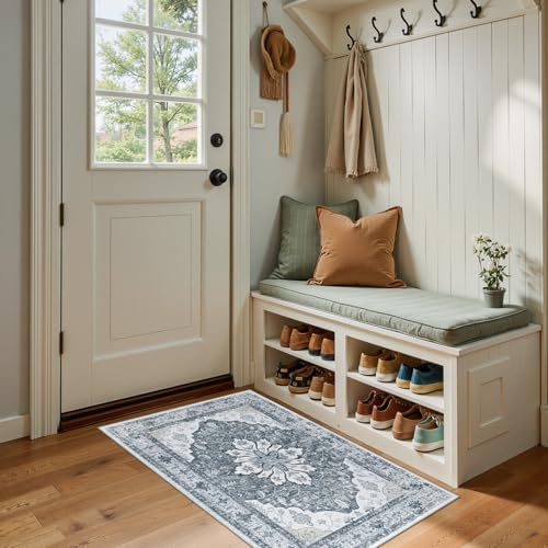 RELEANY Washable Area Rug, Small 2'x4', Grey/White/Beige by RELEANY