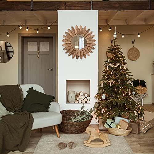 Honiway Mirror Wall Decor 21 inch Rustic Wood Boho Aesthetic Mirror for Room & Home Decor Farmhouse Wall Decor at Living Room Bedroom Carbonized Black - Image 3