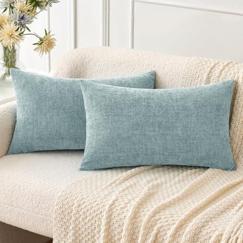 MIULEE Soft Chenille Lumbar Throw Pillow Covers Light Blue 12x20 Pack of 2 by MIULEE