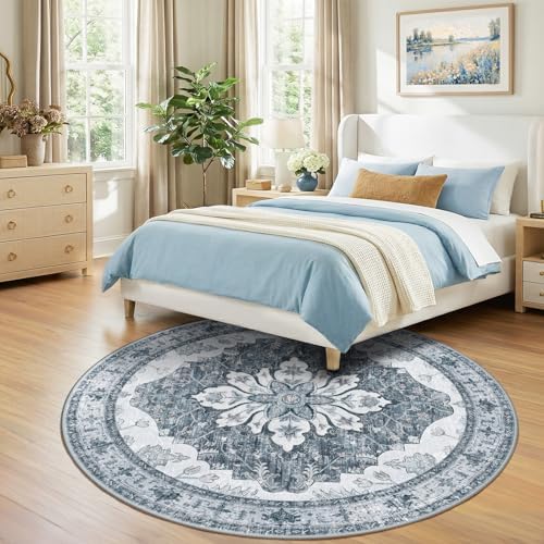 RELEANY Washable Area Rug, Round 7ft, Grey/White/Beige - Image 2