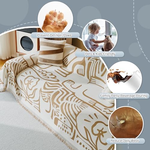 MYSKY HOME Couch Cover for Dogs, Washable Couch Covers, Sofa Covers for Sectional Sofa, Couch Cover 2 Cushion Sofa Dogs Furniture Protector, Chenille Sofa Covers for Pets, 71"x118", Abstract Khaki - Image 4