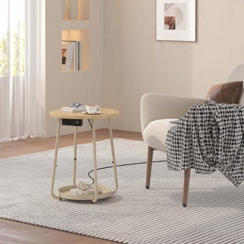 sthmec Small Round Side End Table with Storage and Charging Station, 2 Tier Round Bedside Sofa Couch Coffee Tables with Tray, Metal Nightstand for Small Spaces, Living Room Bedroom, Natural - Image 2