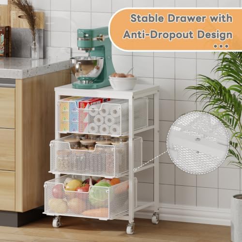 Kitchen Cart with Storage, 3-Tier Pantry Organizer and Storage Cart with Drawer, Fruit Vegetable Storage Cart with Wheels, Wooden Top Metal Wire Kitchen Organizer Rack Stand for Snack Onion Potato - Image 3