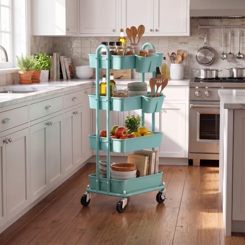 Simple Houseware 4-Tier Rolling Utility Cart with Hanging Bucket, Turquoise - Image 6