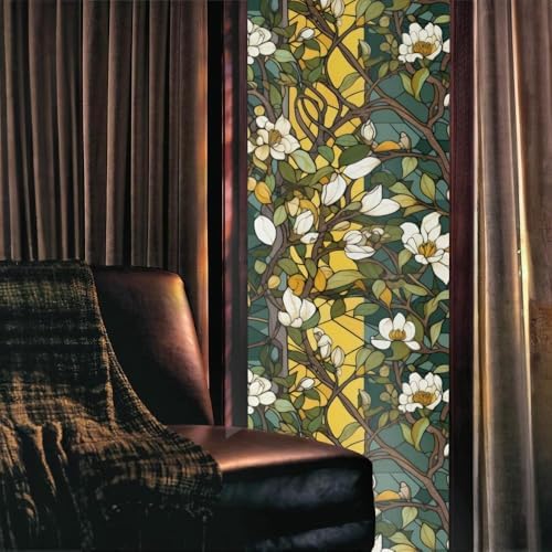 Vintage White Yellow Dark Green Flowers Leaf Stained Glass Window Films Decorative Double-Side Privacy Film Self-Adhesive Static Glass Clings for Living Room Bathroom Decor - Image 2