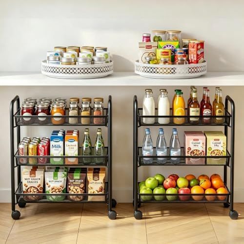 3-Tier Mesh Rolling Cart - 24.8" H Fits Under Desk Metal Cart with Wheel - Image 3