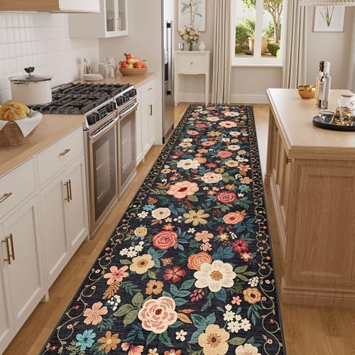 DUKINO 2.6x14 Washable Runner Rug, Floral Non Slip Long Runner Rug, Black - Image 6