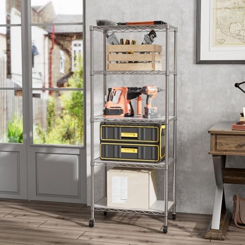 SINGAYE 5 Shelves Storage Wire Shelf Closet Metal Shelving Pantry Wheels - Image 5