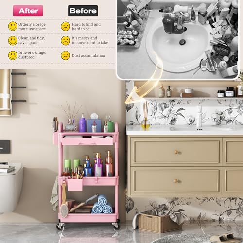 Goovilla Rolling Makeup Organizer Cart with Removable Drawer, 3 Tier Pink - Image 7