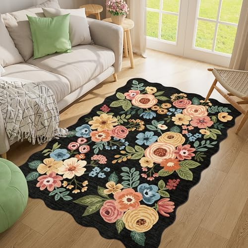 DUKINO 4x6 Area Rug, Non Slip Floral Washable Rug for Living Room, Black - Image 5