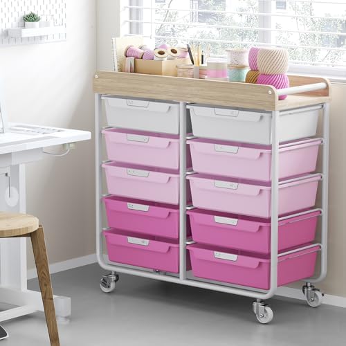 10 Drawers Rolling Cart with Wooden Tabletop, Utility Storage Cart with Wheels, Art Supply Craft Organizer on Wheel with Metal Frame & Handles for Home Office School,Pink - Image 2