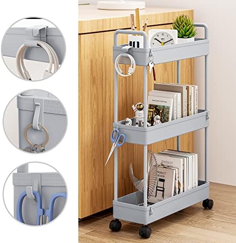 SOLEJAZZ Slim Rolling Storage Cart Skinny Bathroom Organizer, 3 Tier, Gray - Image 3