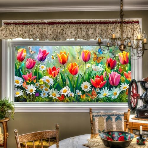 BlissYard Rainbow Flower Tulips Daisies Window Cling 39.3x17.7 Inch PVC by BlissYard