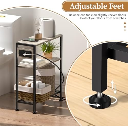 Small Narrow Side Table with Charging Station, Skinny End Table for Small Spaces, Slim Nightstand with Outlets, Sofa Bedside Table in Living Room, Bedroom, Kitchen and Balcony (Greige) - Image 5