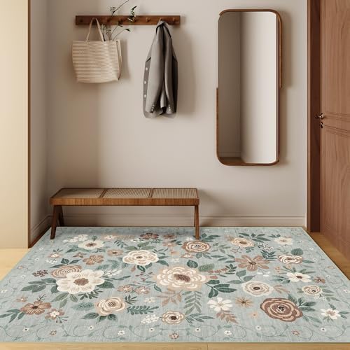 DUKINO 4x6 Area Rug, Floral Washable Office Chair Rug Non Slip, Sage Green - Image 5