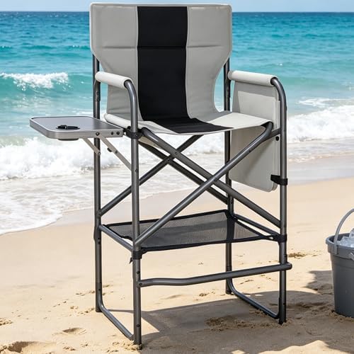 Tall Directors Chair 30" Seat Height, Bar Height Folding Chair with Side Table, Foldable Camping Chair with Side Pocket for Makeup Artist, Sports Event, Supports 400LBS - Black by Tisetrail