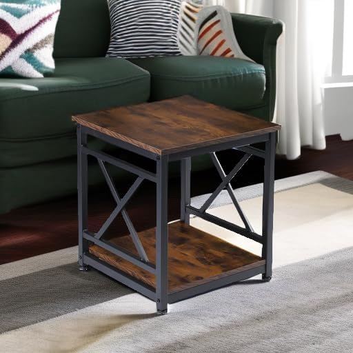 KSWIN Industrial End Table, 18" Square Side Table with 2-Tier Storage Shelf, X-Design Metal Frame, Rustic Brown Nightstand Bedside Table for Living Room, Bedroom - Image 5
