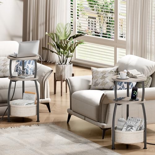 Side Table with Charging Station, Small Round End Table with Basket - Image 5