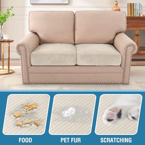 H.VERSAILTEX Velvet Stretch Couch Cushion Cover Plush Cushion Slipcover for Chair Loveseat Sofa Cushion Furniture Protector Seat Cushion Sofa Cover (2 Piece Medium Sofa Cushion Covers, Ivory Striped) - Image 3