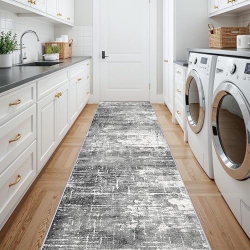 Abstract 14ft Long Runner Rug: Non-Slip Washable Rug Runner Low-Pile Soft Beside Carpet Indoor Farmhouse Entryway Floor Mat Bathroom Living Room Cozy Stain Resistant Area Rugs(2'6x14,Black/Grey) - Image 5