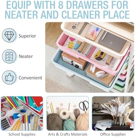 Rolling Storage Cart, Rainbow Cart with 8 Drawers and Wooden Tabletop, Teacher Organization for Classroom, Art Cart for Classroom,Office,Bedroom,Rainbow - Image 4