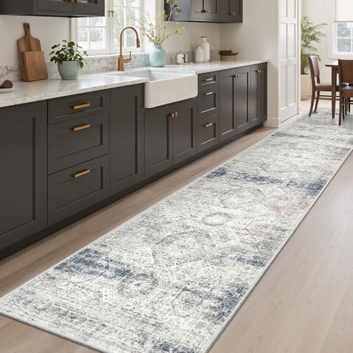 Soalmost Runner Rug 2x10 Washable Hallway Kitchen Runners Blue/Ivory - Image 3