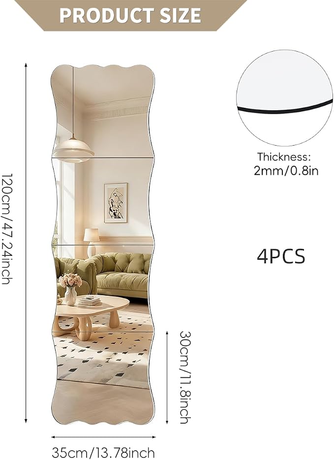 Wavy Shatterproof Full Length Mirror Tiles (4 Pack), 47" x 12" Frameless Acrylic Wall Mirror, 2mm Thick Unbreakable Body Mirror with Adhesive for Kids, Home Gym, Bedroom, Door & Dorm - Image 2