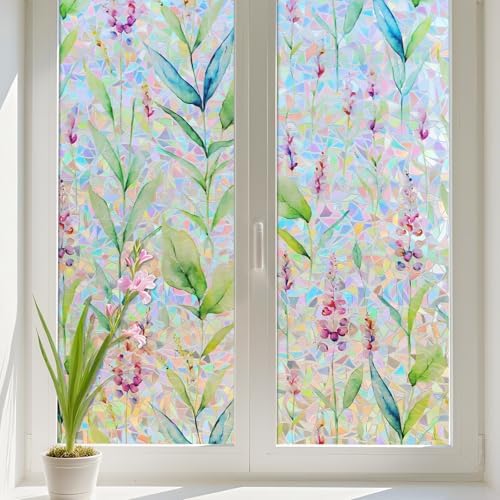 Donox Decorative Window Privacy Film, 3D Floral Stained Glass Window Film Static Cling Rainbow Privacy Sticker for Glass Door Heat Control Anti UV, No Adhesive (Gladiolus,23.6 x 78.7 inches) by Donox