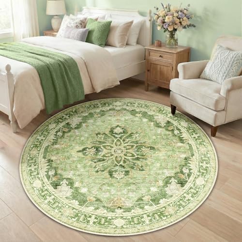 RELEANY Washable Area Rug, Round 5ft, Green/Yellow - Image 2