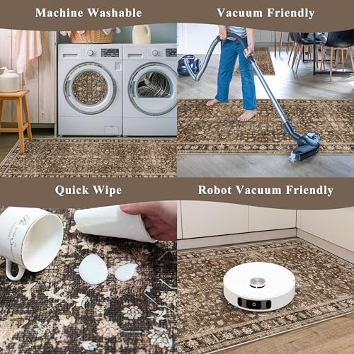 Washable Non-Skid 3 Piece Kitchen Rugs Set – Modern Boho Floral Low-Pile Area Rugs and Runner for Entryway, Bathroom, Hallway – Decorative Small Indoor Rugs (Brown, 2x3+2x4+2x5) - Image 7