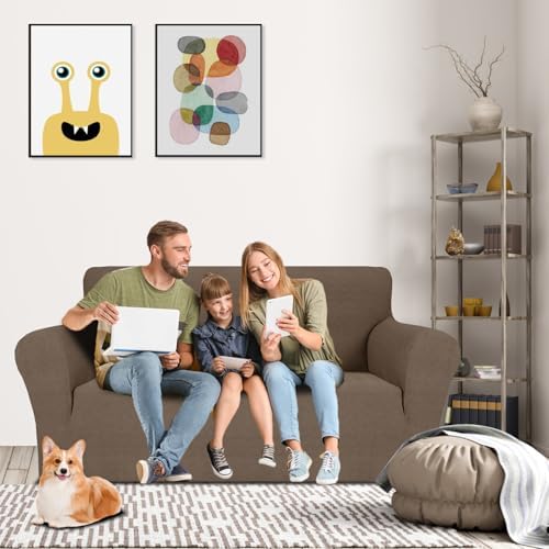MAXIJIN Loveseat Cover Sofa Covers (55"-69"), 1-Piece Stretch Couch Covers for 2 Cushion Couch Love Seat Slipcover with Elastic Bottom for Kids,Dog (Loveseat, Diamond Pattern Brown) - Image 2