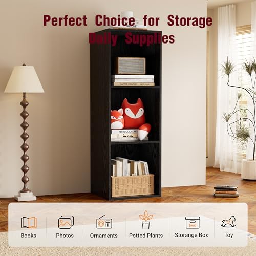 Book Shelf, Wooden Cube Storage Organizer with 11" Open Cubes, Stackable Modular Bookcase for Room Divider Storage, 3 Tier Bookshelf for Living Room, Bedroom, Office (Black, 3-Cube) - Image 6