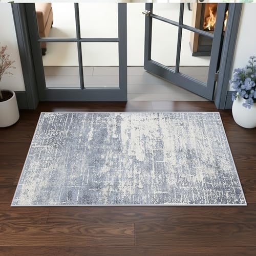 Washable 2x4 Kitchen Area Rugs: Abstract Stain-Resistant Sink Rug Non-Slip Durable Doormat Ultra Soft Bedroom Nursery Besides Carpets Indoor Water Resistant Bathroom Floor Mat(2x4,Blue/Ivory) by HYHAOYUNLAI