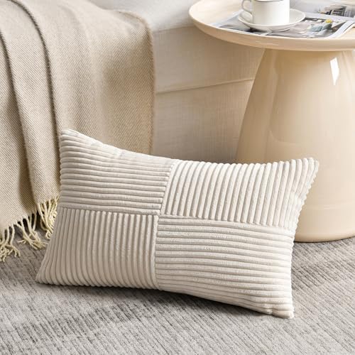 Fancy Homi 2 Packs Cream Lumbar Decorative Throw Pillow Covers 16x26 Inch for Living Room Couch Bed Sofa, Rustic Farmhouse Boho Home Decor, Soft Striped Corduroy Rectangle Accent Cushion Case - Image 2