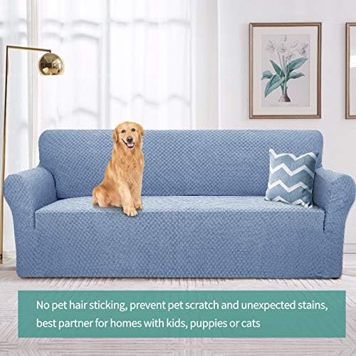 YEMYHOM Couch Cover Latest Jacquard Design High Stretch Sofa Covers for 2 Cushion Couch, Pet Dog Cat Proof Loveseat Slipcover Non Slip Magic Elastic Furniture Protector (Medium, Light Blue) - Image 2