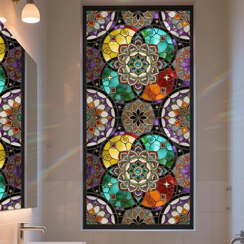 Stained Glass Window Privacy Film Static Cling - Rainbow Glass Decorative Sun Blocking Window Covering, Non-Adhesive Removable Stickers for Home & Office, 17.5" x 78.7" (Color 34) by AOHMPT