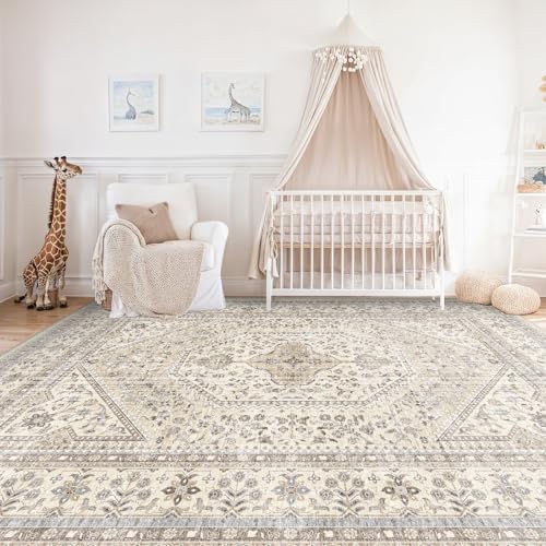 10x12 Washable Area Rug for Living Room - Non-Slip Vintage Rugs Beige Gray - Image 2