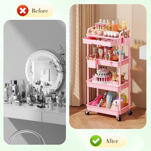 SUNALLY Makeup Cart Organizer with Drawer, 4 Tier Rolling Makeup Cart, Pink - Image 5