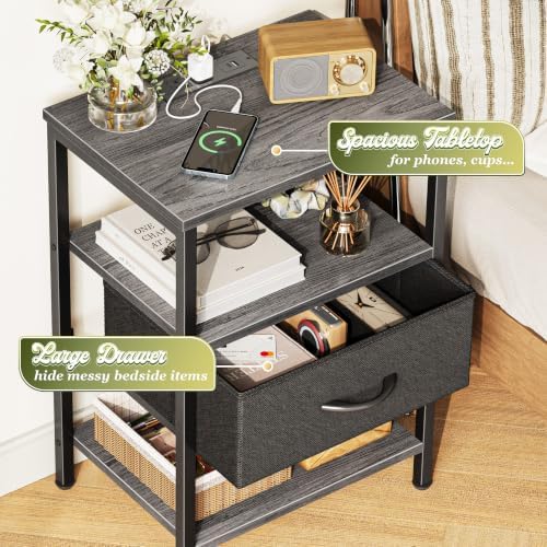 SUPERJARE Nightstand with Charging Station, Bed Side Table with Adjustable Fabric Drawer, Night Stand for Bedroom, 3-Tier Storage End Table, for Living Room, Charcoal Gray - Image 5