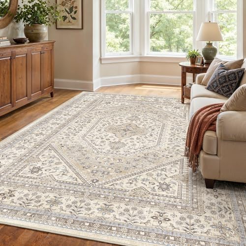 7x10 Washable Area Rug for Living Room - Non-Slip Vintage Rugs Beige Gray by Puino