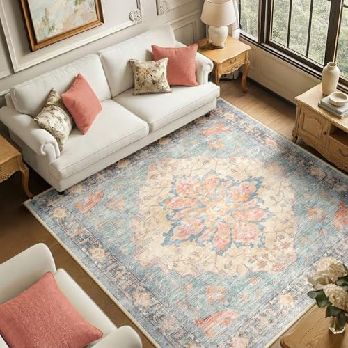 RELEANY Washable Area Rug, Square 6'x6', Blue/Orange/Red by RELEANY