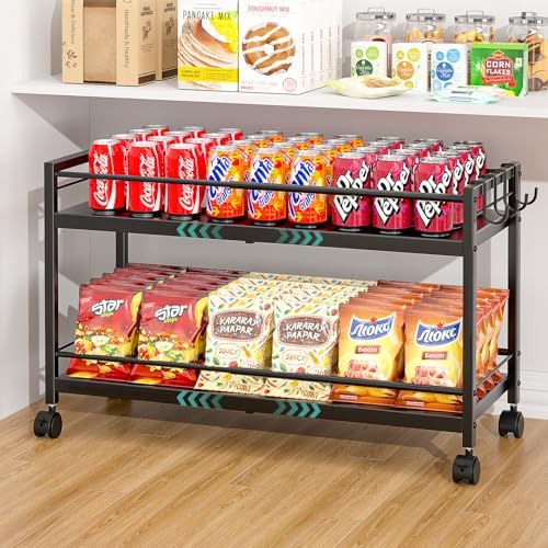 2 Pack 2-Tier Expandable Rolling Pantry Cart with Wheels, Adjustable Floor Organizer for Kitchen Pantry, Can Organizer for Pantry, Storage Cart for Snack, Food, Vegetables, Black, Patent Pending by 3IngSeagulls