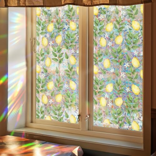 GORGECRAFT 39.4x17 Inch Lemon Rainbow Window Privacy Film 3D Static Flower Leaf Glass Cling Suncatcher Window Cover Plastic Non-Adhesive Reusable Sticker Prism Stained Window Decals for Room Home by GORGECRAFT